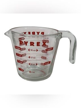Vintage Pyrex Glass Measuring Cup Red Lettering Open J Handle 2 Cup 1 Pint